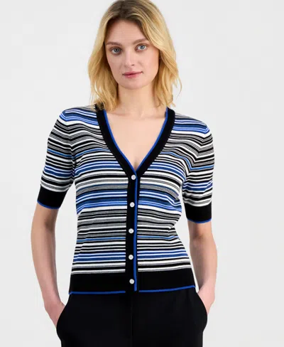 T Tahari Women's Elbow-sleeve V-neck Striped Cardigan Sweater In Multi