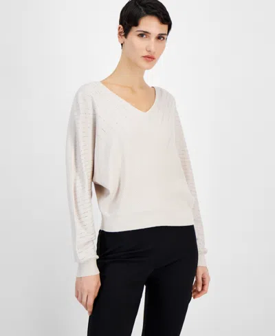T Tahari Women's Embellished V-neck Dolman-sleeve Sweater In Pale Sand