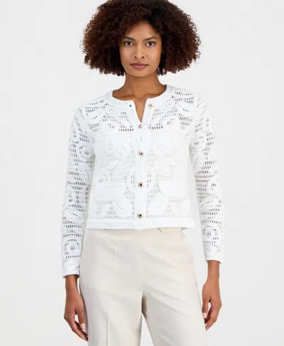T Tahari Women's Embroidered Crochet Cardigan In White