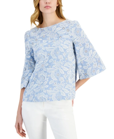 T Tahari Women's Embroidered Eyelet Boat-neck Bell-sleeve Top In Cottage Blue Eyelet