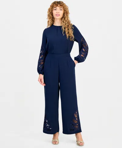 T Tahari Women's Embroidered-hem Wide-leg Pants In Blue