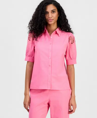 T Tahari Women's Embroidered Puffed-sleeve Blouse In Pink