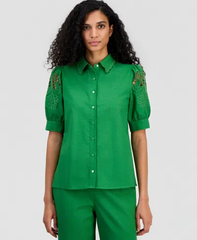 T Tahari Women's Embroidered Puffed-sleeve Blouse In Green
