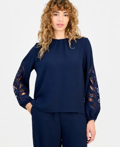 T Tahari Women's Embroidered-sleeve Crewneck Blouse In Blue