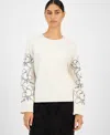 T Tahari Women's Embroidered-sleeve Crewneck Sweater In Neutral
