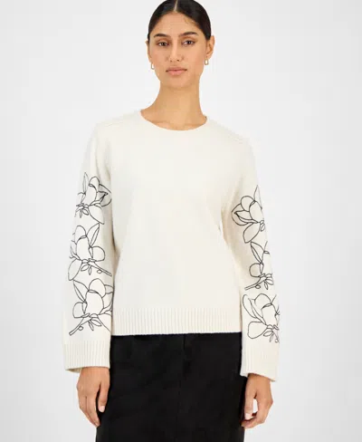 T Tahari Women's Embroidered-sleeve Crewneck Sweater In Neutral