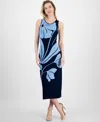 T Tahari Exploded Floral Midi Dress In Evening Navy W Water Drop