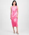 T Tahari Women's Exploded-floral-print Sweater Dress In Tulip Pink And Pink Wind Combo