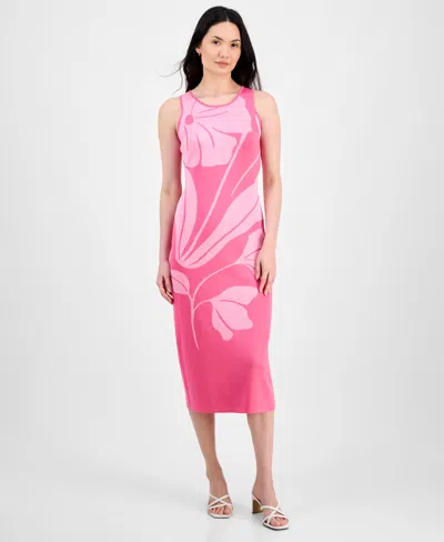 T Tahari Women's Exploded-floral-print Sweater Dress In Tulip Pink And Pink Wind Combo