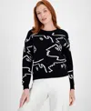 T Tahari Women's Face-graphic Crewneck Long-sleeve Sweater In Black,whit