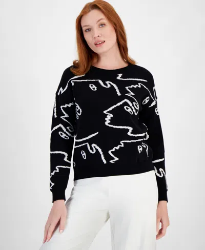 T Tahari Women's Face-graphic Crewneck Long-sleeve Sweater In Black