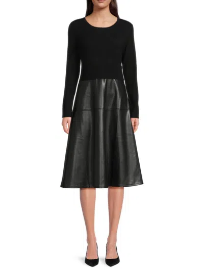 T Tahari Mixed Media Long Sleeve Midi Dress In Black