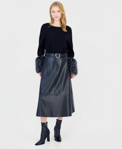 T Tahari Women's Faux Leather Midi A-line Skirt In Black