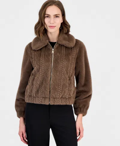 T Tahari Women's Faux-fur Zip-up Reversible Coat In Brown