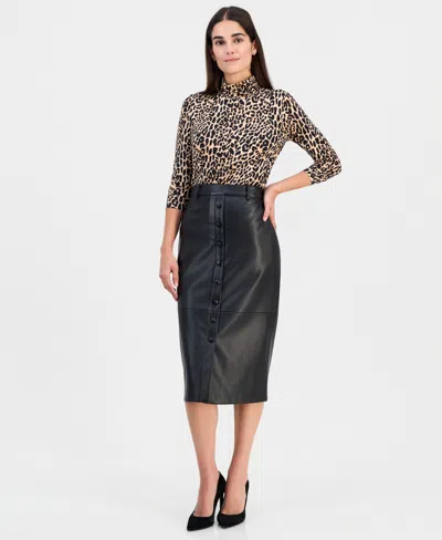 T Tahari Women's Faux-leather Button-front Slim Skirt In Multi