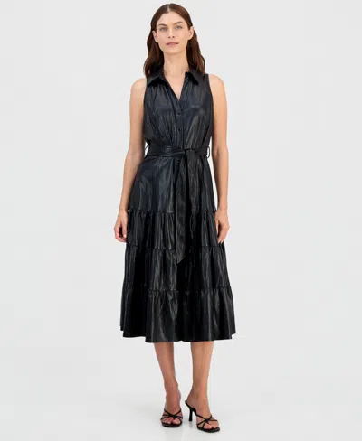 T Tahari Women's Faux-leather Tie-waist Tiered Maxi Dress In Black