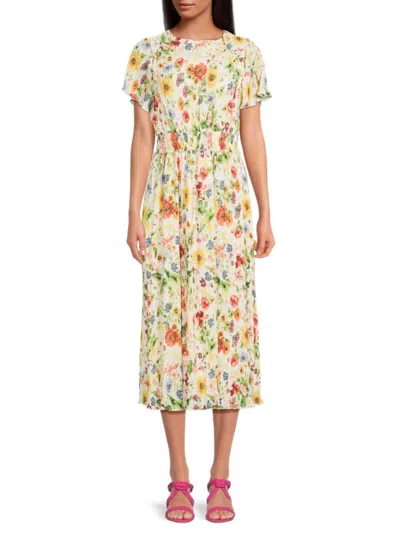 T Tahari Women's Floral Accordion Pleated Maxi Dress In Beige Multi