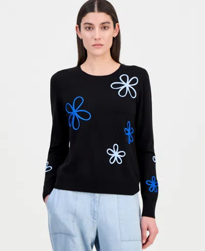 T Tahari Crewneck Floral Applique Pullover Sweater In Black