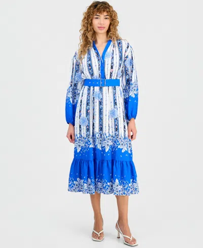 T Tahari Belted Long Sleeve Dress In Blue