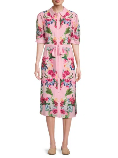 T Tahari Women's Floral Belted Midi Dress In Placed Rose