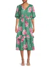 T Tahari Short Sleeve V Neck Fit And Flare Dress In Pink Green Multi
