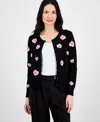 T Tahari Women's Floral-embroidered Button-front Cardigan In Black With Pink Flowers