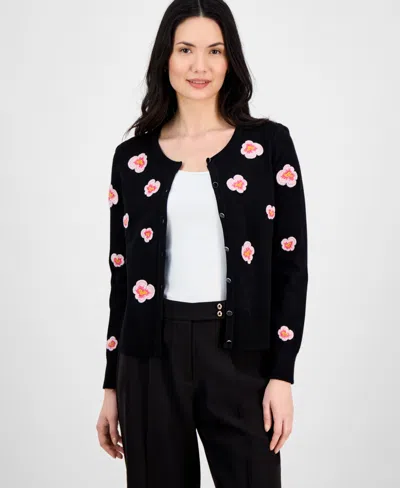 T Tahari Women's Floral-embroidered Button-front Cardigan In Black With Pink Flowers