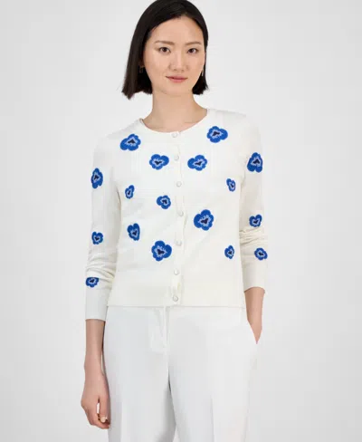 T Tahari Women's Floral-embroidered Button-front Cardigan In White Star