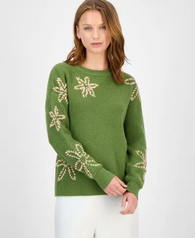 T Tahari Women's Floral-embroidered Crewneck Sweater In Green