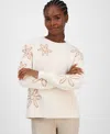 T Tahari Long Sleeve Crewneck Sweater With Floral Embroidery In Neutral