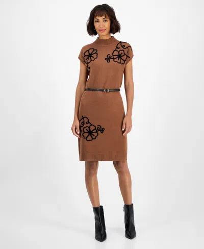 T Tahari Embroidery Jersey Shift Dress In Brown
