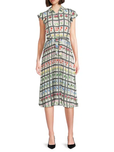 T Tahari Women's Floral-grid Flutter-sleeve Midi-dress