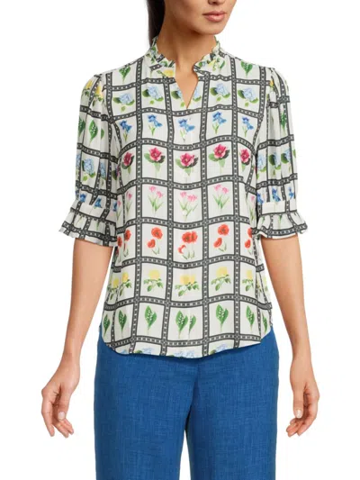 T Tahari Women's Floral Grid Split-neck Blouse