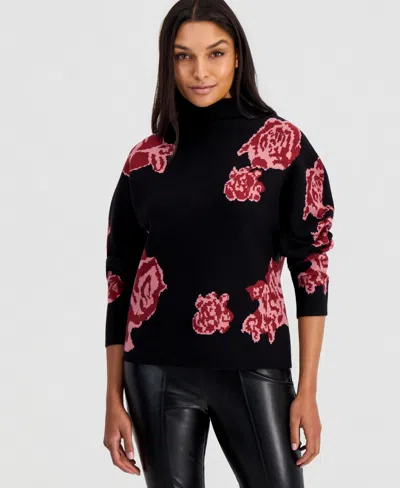 T Tahari Funnel Neck Floral Jacquard Sweater In Black