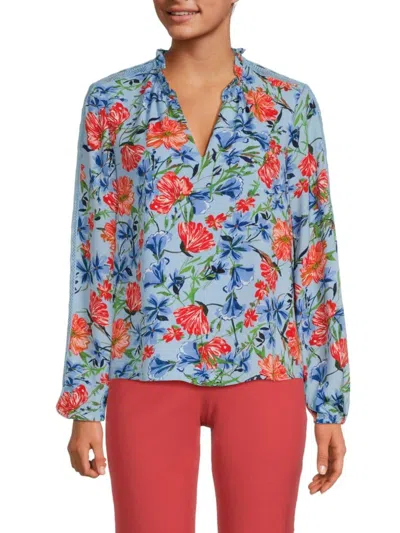 T Tahari Women's Floral Long Sleeve Blouse In Blue Red