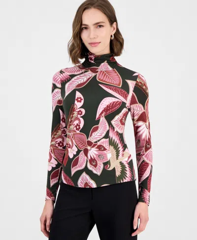 T Tahari Women's Floral Mock-neck Back-zip Blouse In Multi