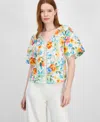T Tahari V-neck Linen-blend Blouse In Sky Garden Print