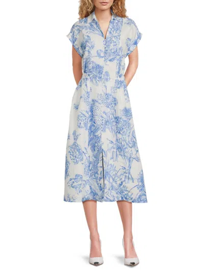 T Tahari Women's Floral-print Linen-blend Midi-dress
