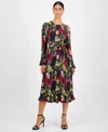 T Tahari Women's Floral-print Pleated Midi Dress In Brown