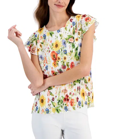 T Tahari Women's Floral-printed Flutter-sleeve Pleated Top In Sunray Garden White