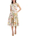 T TAHARI WOMEN'S FLORAL PRINTED LINEN-BLEND BELTED FIT & FLARE MIDI DRESS