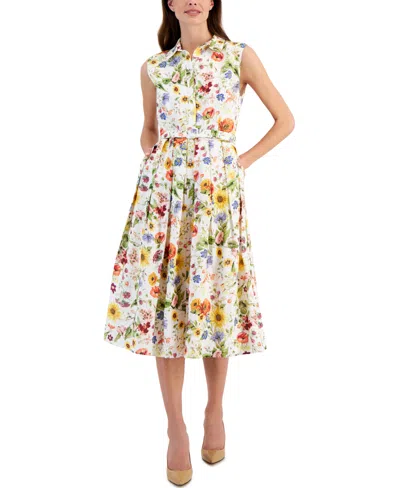 T Tahari Women's Floral Printed Linen-blend Belted Fit & Flare Midi Dress In Sunray Garden Print