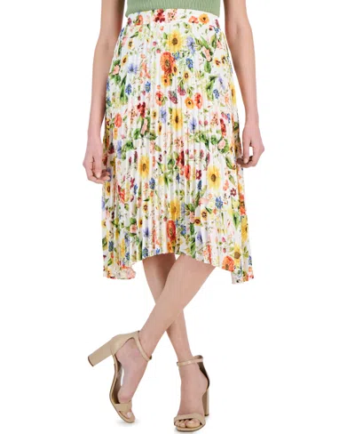 T Tahari Women's Floral-printed Pull-on Pleated Midi Skirt In Sunray Garden Print