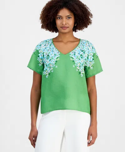 T Tahari V-neck Linen-blend Blouse In Yellow