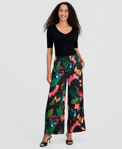 T Tahari Women's Floral Wide-leg Pull-on Pants In Black