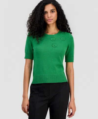 T Tahari Women's Floral-applique Short-sleeve Sweater In Green