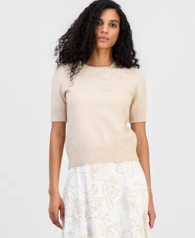 T Tahari Women's Floral-applique Short-sleeve Sweater In Pink