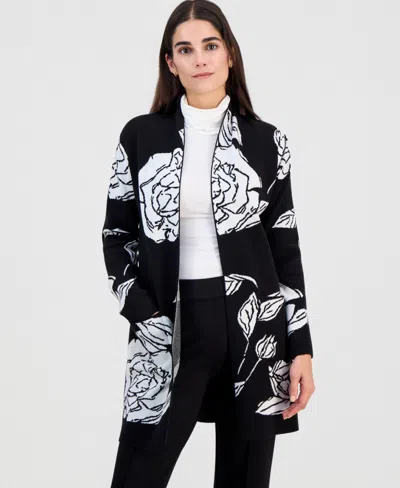 T Tahari Women's Floral-jacquard Open-front Cardigan In Black