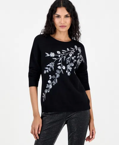 T Tahari Women's Floral-sequin And Bead Dropped-shoulder Sweater In Black