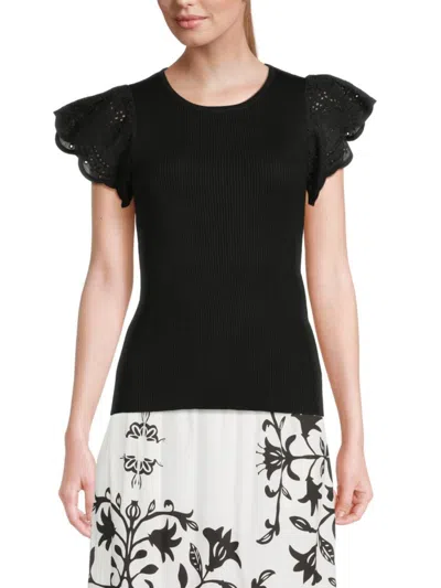 T Tahari Women's Flutter Sleeve Ribbed Top In Black